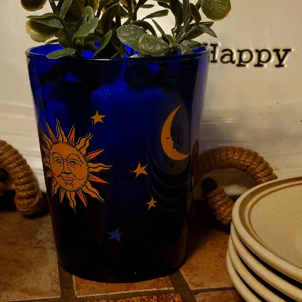 Vintage cobalt blue high ball glass Libbey Celestial Moon and Stars